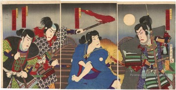 Une scène de Kabuki de trois samouraïs et un voyageur sur un pont Toyohara Chikanobu Peinture à l'huile
